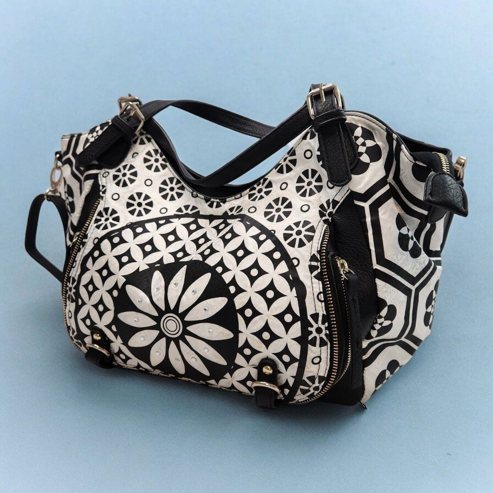 Desigual Black & White Hobo Style Crossbody Tote Bag Purse Orange Pattern Int